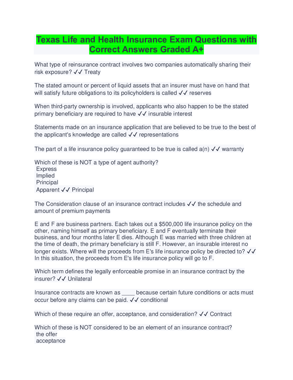 Preview image for Texas Life and Health Insurance Exam Questions with Correct Answers Graded A+